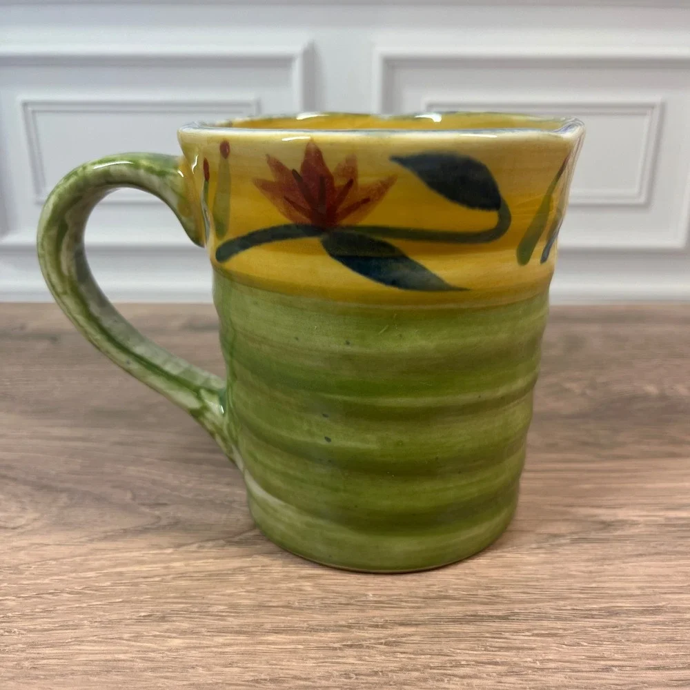 Pier 1 Elizabeth 16oz Coffee Tea‎ Mug Green Yellow Handpainted Floral Stoneware
